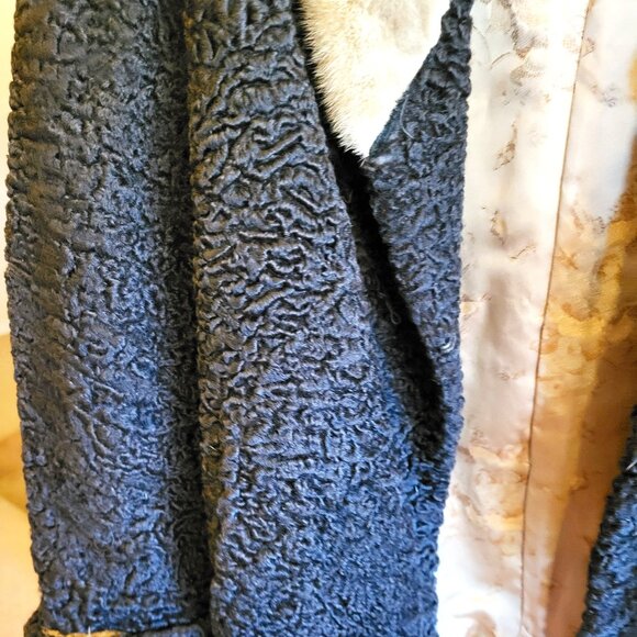 Vtg 1960's Black Broadtail Persian Lamb Fur Jacket with Grey Mink Fur Collar - Picture 5 of 16